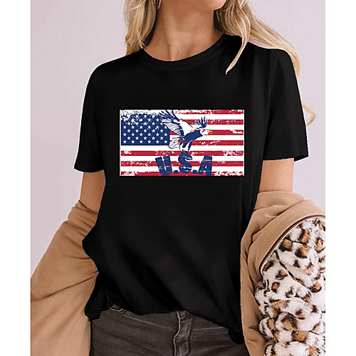 

Women's Painting T shirt Graphic American Flag National Flag Print Round Neck Basic Tops 100% Cotton Red Black Khaki
