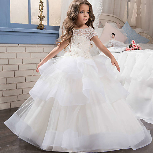 

Ball Gown Floor Length Flower Girl Dresses Party Chiffon Cap Sleeve Jewel Neck with Solid