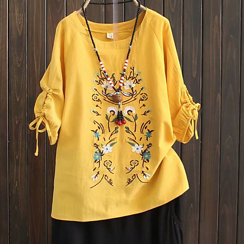 

Women's Plus Size Tops Blouse Shirt Floral Half Sleeve Round Neck Yellow Red Light Green Big Size XL XXL XXXL 4XL