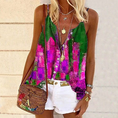 

Women's Holiday Camisole Blouse Tank Top Tie Dye Button Print V Neck Streetwear Boho Tops Blue Purple Yellow