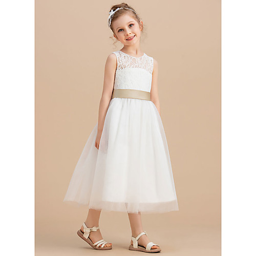

A-Line Floor Length Flower Girl Dresses Party Tulle Sleeveless Jewel Neck with Solid