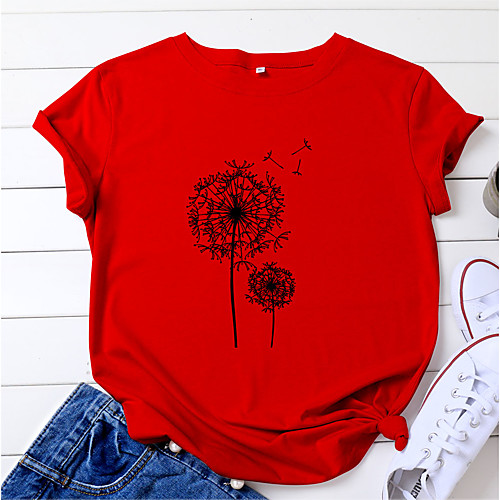 

Women's T shirt Floral Geometric Flower Print Round Neck Tops Cotton White Blue Red