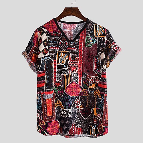 

Men's T shirt Other Prints Graphic Short Sleeve Casual Tops Ethnic Style V Neck Black / Red / Summer