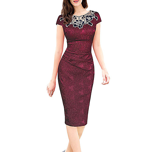

Sheath / Column Elegant bodycon Party Wear Formal Evening Dress Jewel Neck Short Sleeve Knee Length Spandex with Appliques 2021