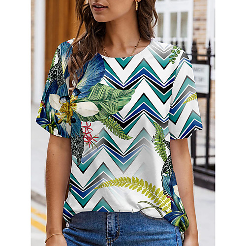 

Women's Floral Theme Painting T shirt Floral Color Block Print Round Neck Basic Tops Blue