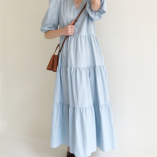 

Women's Loose Maxi long Dress Noble Blue Elegant white Short Sleeve Solid Color Spring Summer Casual Loose 2021 M L