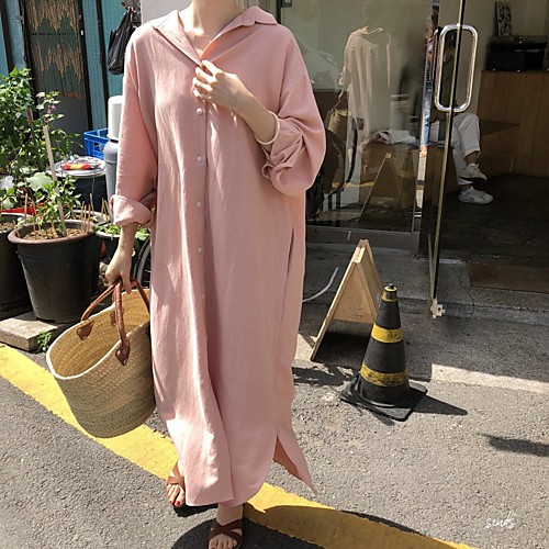 

Women's Shift Dress Maxi long Dress Navy Blushing Pink Long Sleeve Solid Color Spring Summer Casual 2021 S M L XL XXL / Cotton / Cotton