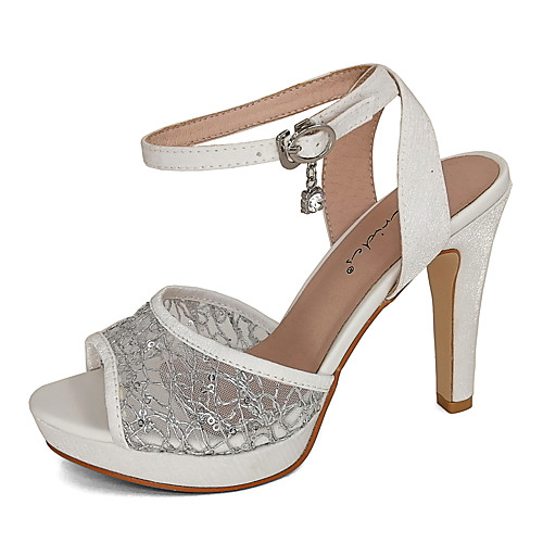 

Women's Wedding Shoes High Heel Open Toe Wedding Sandals Party Wedding Satin Mesh Sequin Solid Colored White / Silver