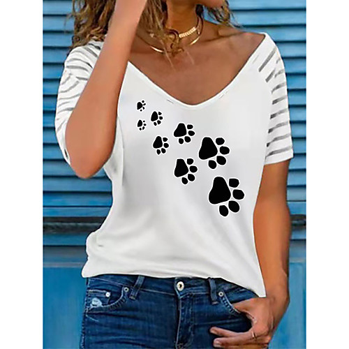 

Women's Painting T shirt Striped Animal Print V Neck Basic Tops White Blushing Pink Khaki