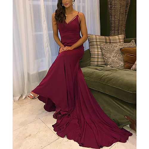 

Sheath / Column Beautiful Back Sexy Engagement Formal Evening Dress V Neck Sleeveless Court Train Italy Satin with Sleek 2021