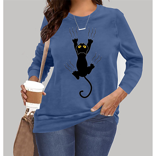 

Women's Plus Size Tops Pullover Sweatshirt Cat Graphic Animal Print Long Sleeve Crewneck Basic Blue Big Size XL XXL 3XL 4XL 5XL