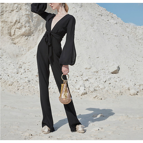 

Jumpsuits Minimalist Elegant Engagement Formal Evening Dress V Neck Long Sleeve Floor Length Chiffon with Sash / Ribbon 2021