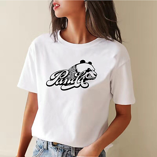 

Women's Painting T shirt Text Panda Print Round Neck Basic Tops Cotton White Black Gray