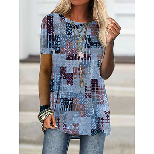 

Women's Holiday Geometric Painting T shirt Graphic Geometric Print Round Neck Basic Boho Tops Blue Khaki