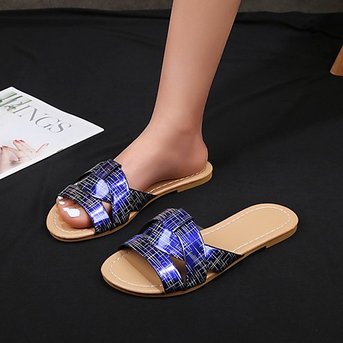 

Women's Sandals Outdoor Slippers Flat Heel Round Toe PU Color Block White Black Blue