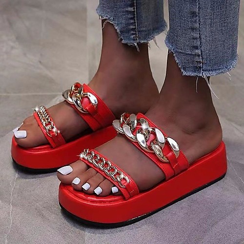 

Women's Sandals Platform Round Toe PU Solid Colored Red Black Pink