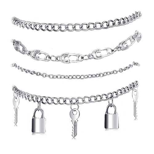 

Anklet Stylish Punk European Unisex Body Jewelry For Party Evening Street Layered Alloy Keys Silver 4 Pieces