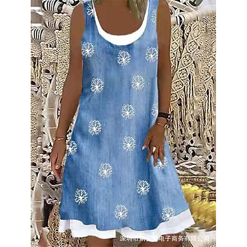 

Women's A Line Dress Knee Length Dress Blue Light Blue Sleeveless Floral Print Print Summer Boat Neck Elegant Casual Holiday 2021 S M L XL XXL 3XL
