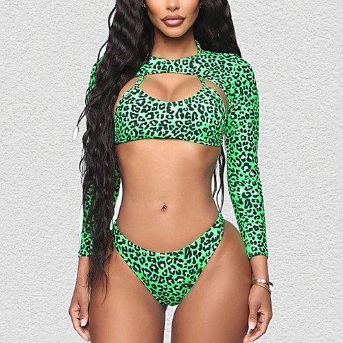 

Women's Bikini Three Piece Swimsuit Print Green Swimwear Bathing Suits New / Padded Bras / Beach