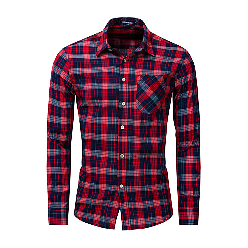 

Men's Shirt Plaid Button-Down Long Sleeve Street Tops Cotton Casual Fashion Comfortable Red