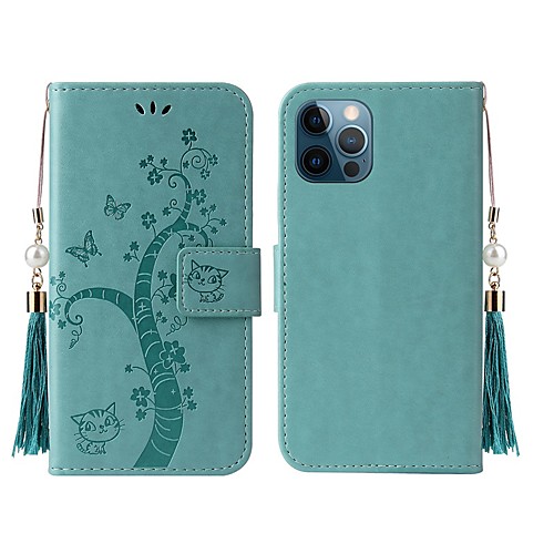

Wallet Flip Phone Case For iPhone 12 Pro Max 11 SE 2020 X XR XS Max 6 7 8 Plus Tassels Embossed Tree Pattern PU Leather Full Body Protective Cover with Card Slots Kickstand