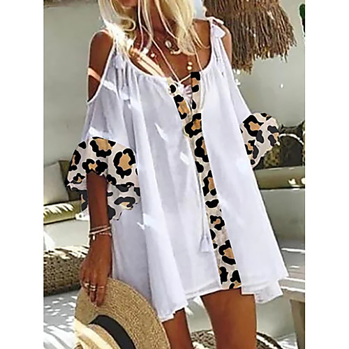 

Women's Blouse Shirt Leopard Cut Out Print Round Neck Basic Streetwear Tops Loose White Black Khaki