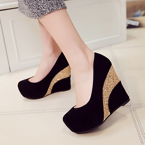 

Women's Heels Wedge Heel Round Toe PU Sequin Solid Colored Almond Fuchsia Black