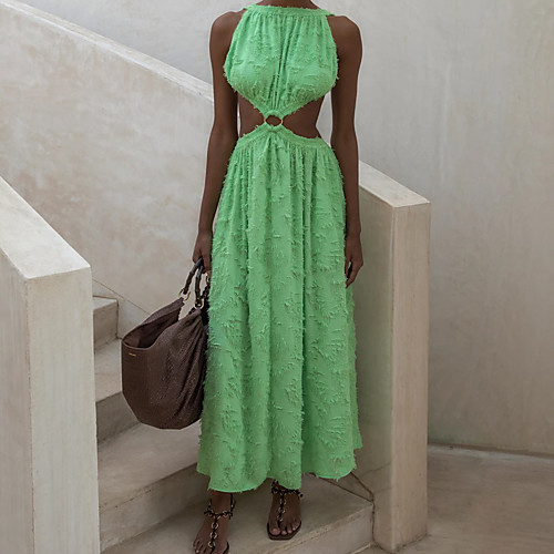 

Women's A Line Dress Maxi long Dress Green Sleeveless Solid Color Backless Fall Summer Halter Neck Casual Holiday 2021 S M L