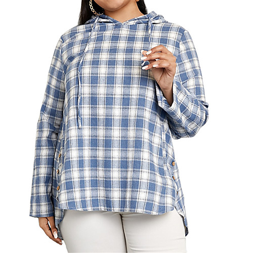 

Women's Plus Size Tops Hoodie Sweatshirt Plaid Print Long Sleeve Basic Fall Blue Big Size XL XXL 3XL 4XL 5XL