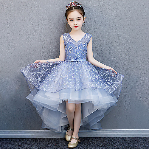 

Ball Gown Asymmetrical Flower Girl Dresses Birthday Polyester Sleeveless V Neck with Lace / Formal Evening
