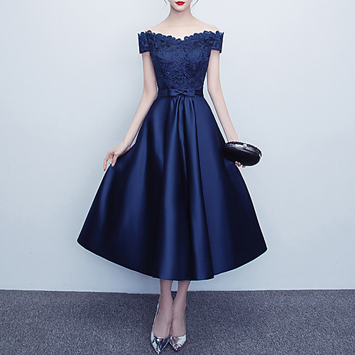 

A-Line Minimalist Elegant Party Wear Cocktail Party Dress Off Shoulder Short Sleeve Tea Length Satin with Sash / Ribbon Bow(s) Pleats 2021