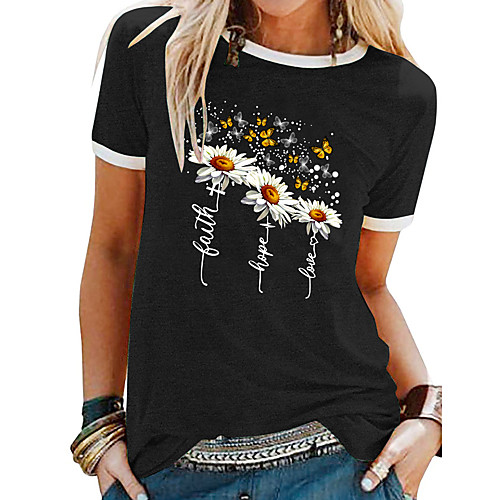 

Women's T shirt Graphic Butterfly Daisy Patchwork Print Round Neck Basic Tops Blue Purple Black