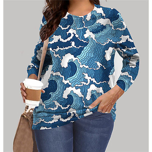 

Women's Plus Size Tops Pullover Sweatshirt Graphic Print Long Sleeve Crewneck Basic Blue Big Size XL XXL 3XL 4XL 5XL