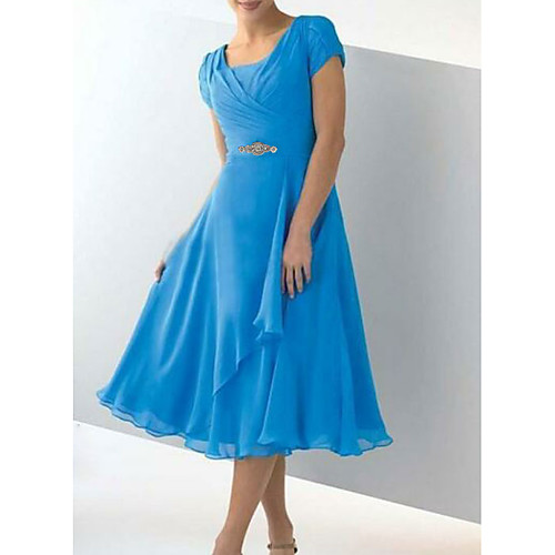 

A-Line Mother of the Bride Dress Plus Size Elegant Square Neck Tea Length Chiffon Short Sleeve with Ruching 2021