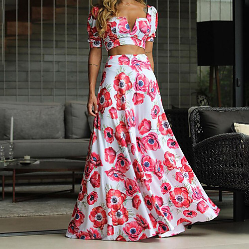 

2021 cross-border foreign trade europe and the united states amazon hot models short tops red big swing dress suit skirt suit women