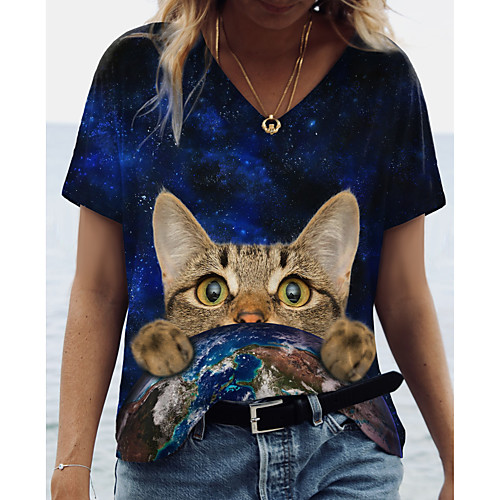 

Women's 3D Cat Painting T shirt Galaxy Cat 3D Print V Neck Basic Tops Blue