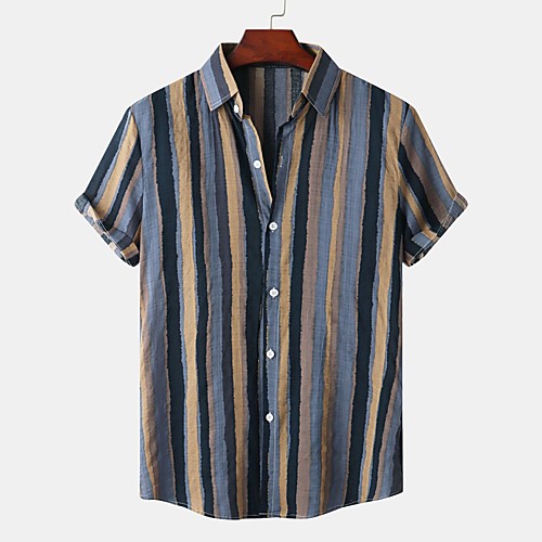 

Men's Shirt Striped Button-Down Short Sleeve Street Tops Cotton Casual Hawaiian Comfortable Blue Gray