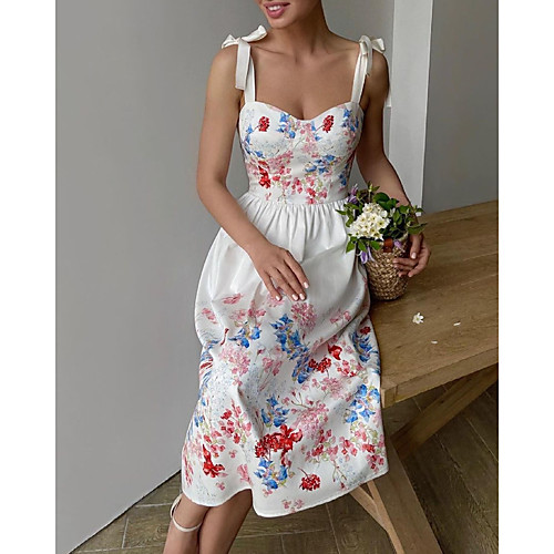 

Women's Strap Dress Midi Dress White Sleeveless Floral Print Fall Summer Boat Neck Casual Holiday 2021 S M L XL