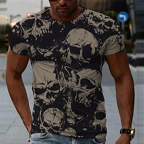 

Men's Tee T shirt Shirt 3D Print Graphic Skull Plus Size Short Sleeve Casual Tops Basic Designer Slim Fit Big and Tall Gray Black Red / Summer