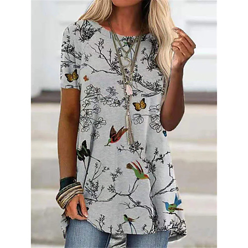 

Women's T shirt Plants Bird Round Neck Basic Tops Gray