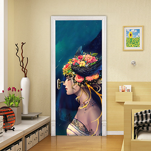 

2pcs Self-adhesive Creative Door Stickers Beauty With Wreath Living Room Diy Decoration Home Waterproof Wall Stickers