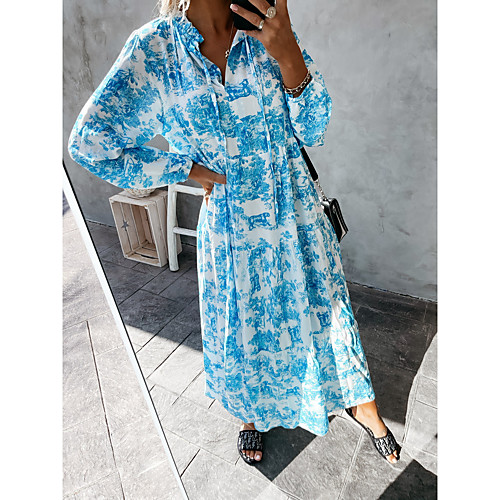 

Women's A Line Dress Maxi long Dress Blue Gray Green Red Long Sleeve Pattern Summer Casual 2021 S M L XL 2XL