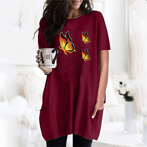 

Women's T shirt Dress Graphic Butterfly Pocket Round Neck Basic Tops Wine Army Green Black