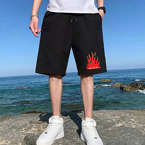 

Men's Shorts Sports Casual Daily Shorts Pants Flame Letter Short Drawstring Pocket Print Black