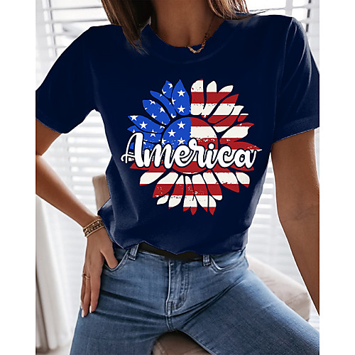 

Women's Floral Theme Painting T shirt Floral American Flag National Flag Print Round Neck Basic Tops Navy Blue