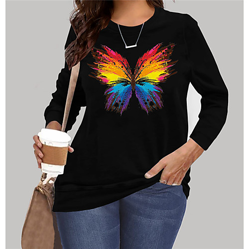 

Women's Plus Size Tops Pullover Sweatshirt Graphic Butterfly Animal Print Long Sleeve Crewneck Basic Black Big Size XL XXL 3XL 4XL 5XL