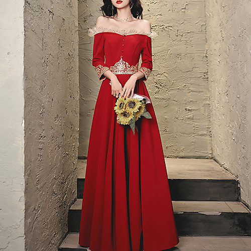 

A-Line Elegant Floral Engagement Prom Dress Off Shoulder Half Sleeve Floor Length Stretch Fabric with Embroidery Appliques 2021