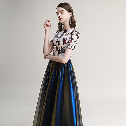 

A-Line Glittering Sparkle Wedding Guest Formal Evening Dress Jewel Neck Short Sleeve Ankle Length Tulle with Sequin 2021
