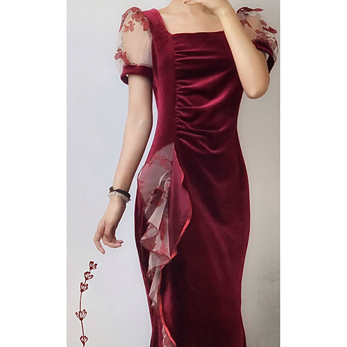 

Mermaid / Trumpet Elegant Vintage Wedding Guest Formal Evening Dress Scoop Neck Short Sleeve Ankle Length Velvet with Ruffles 2021