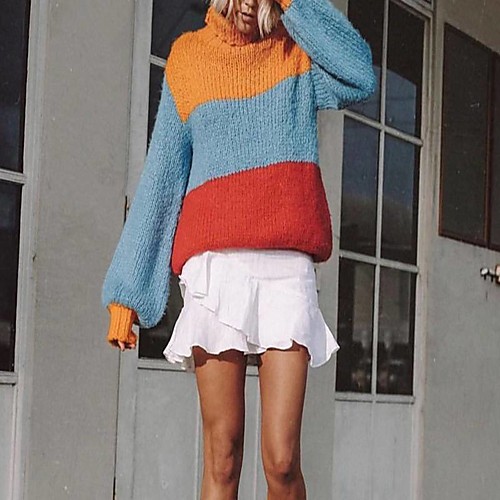 

Women's Multi Color Sweater Long Sleeve Sweater Cardigans High Neck Stripe